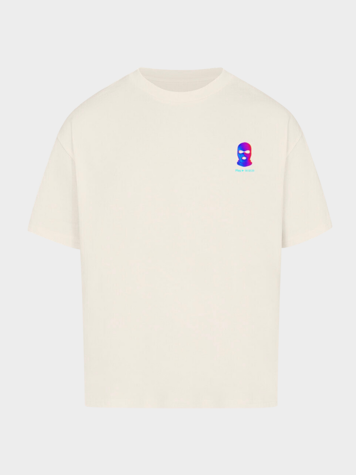 Vyfinity City Noise T-Shirt in Off-White, Oversize Fit. Dezenter Frontprint mit bunter Sturmhauben-Grafik und kleinem „Play 00:02:23“-Detail in Neonfarben.