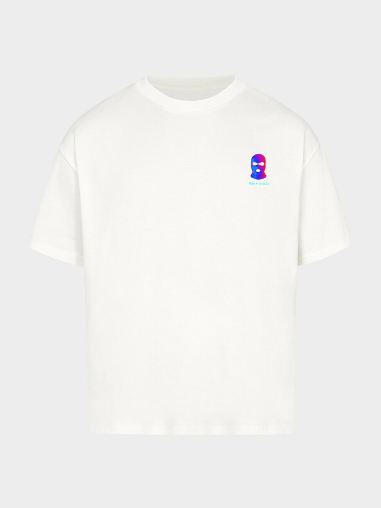Vyfinity City Noise T-Shirt in Weiß, klassische Passform, Frontansicht. Minimalistischer Frontprint mit bunter Balaclava-Grafik und Play-Timer. Moderner Streetwear-Style mit cleanem Look.