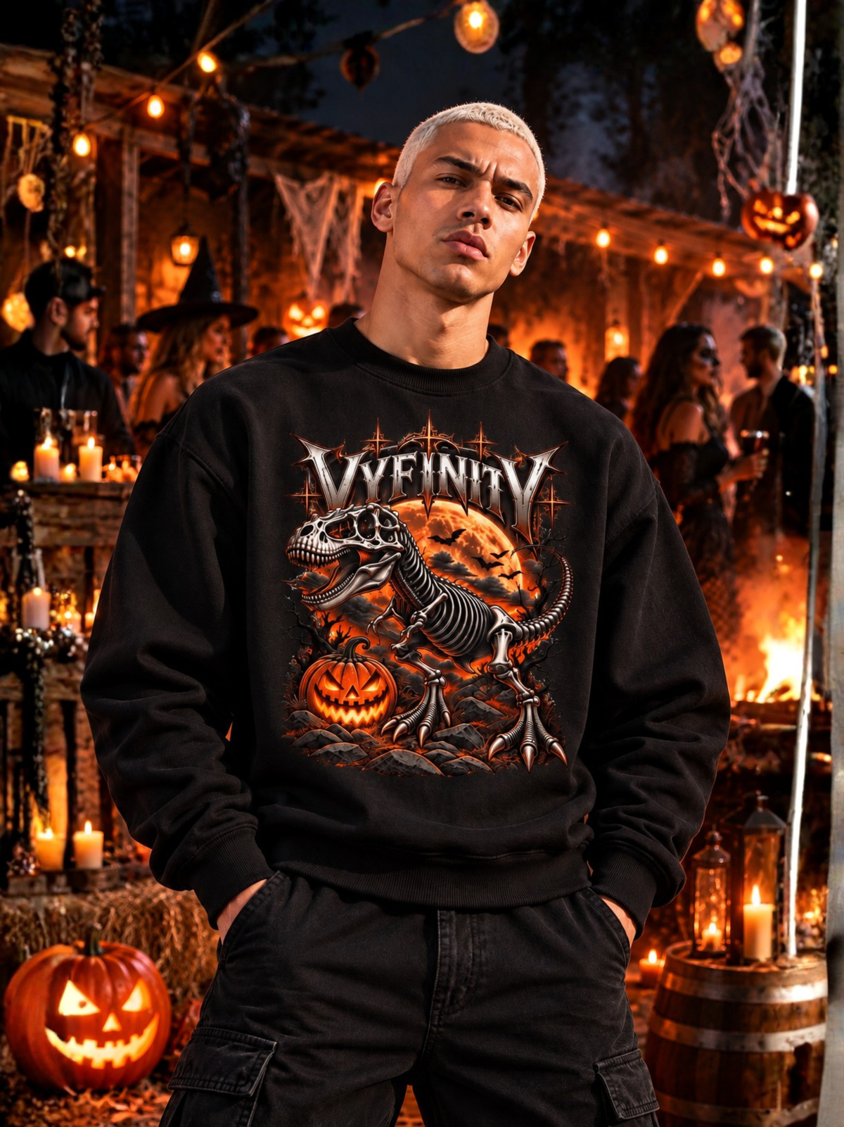 Model trägt schwarzes VYFINITY Dino Halloween Sweatshirt mit Dinosaurierskelett, leuchtendem Kürbis und orangefarbenem Mond auf einer Halloween-Party mit Kürbissen und Kerzen.