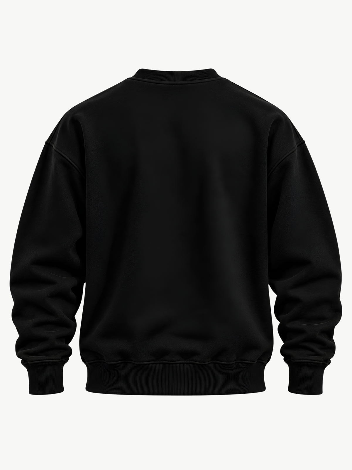 Schwarzes VYFINITY Dino Halloween Sweatshirt in der Rückansicht, ohne Rückenprint, mit Rundhalsausschnitt, überschnittenen Schultern und gerippten Bündchen.
