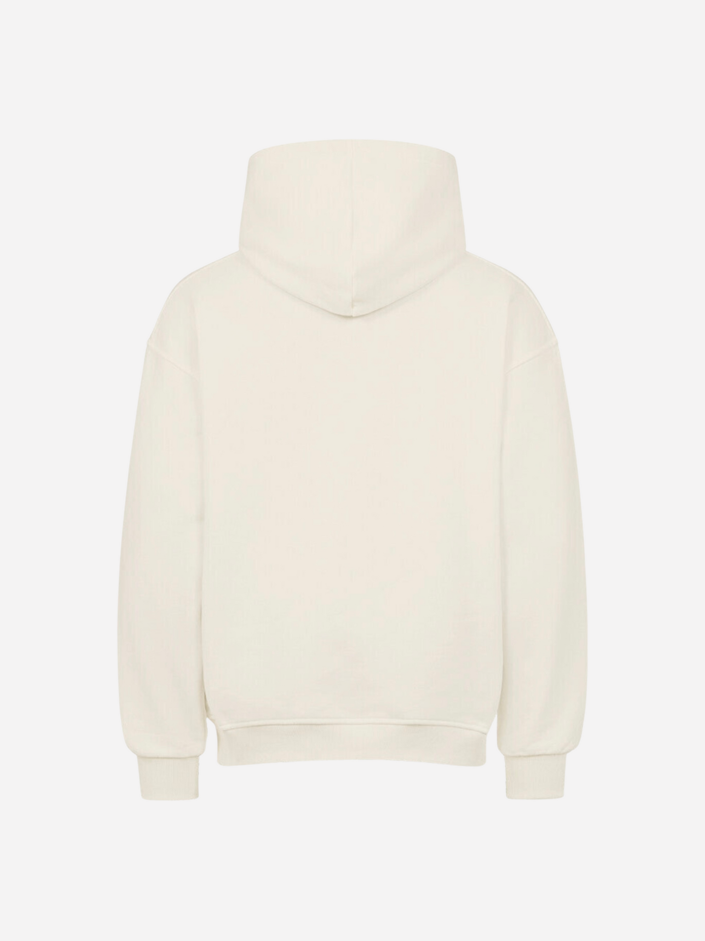 Weiße Rückansicht des Vyfinity Hoodies „The Closer“ ohne Print, schlichte Unisex Kapuzenpullover Rückseite.
