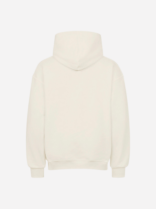 Weiße Rückansicht des Vyfinity Hoodies „The Closer“ ohne Print, schlichte Unisex Kapuzenpullover Rückseite.