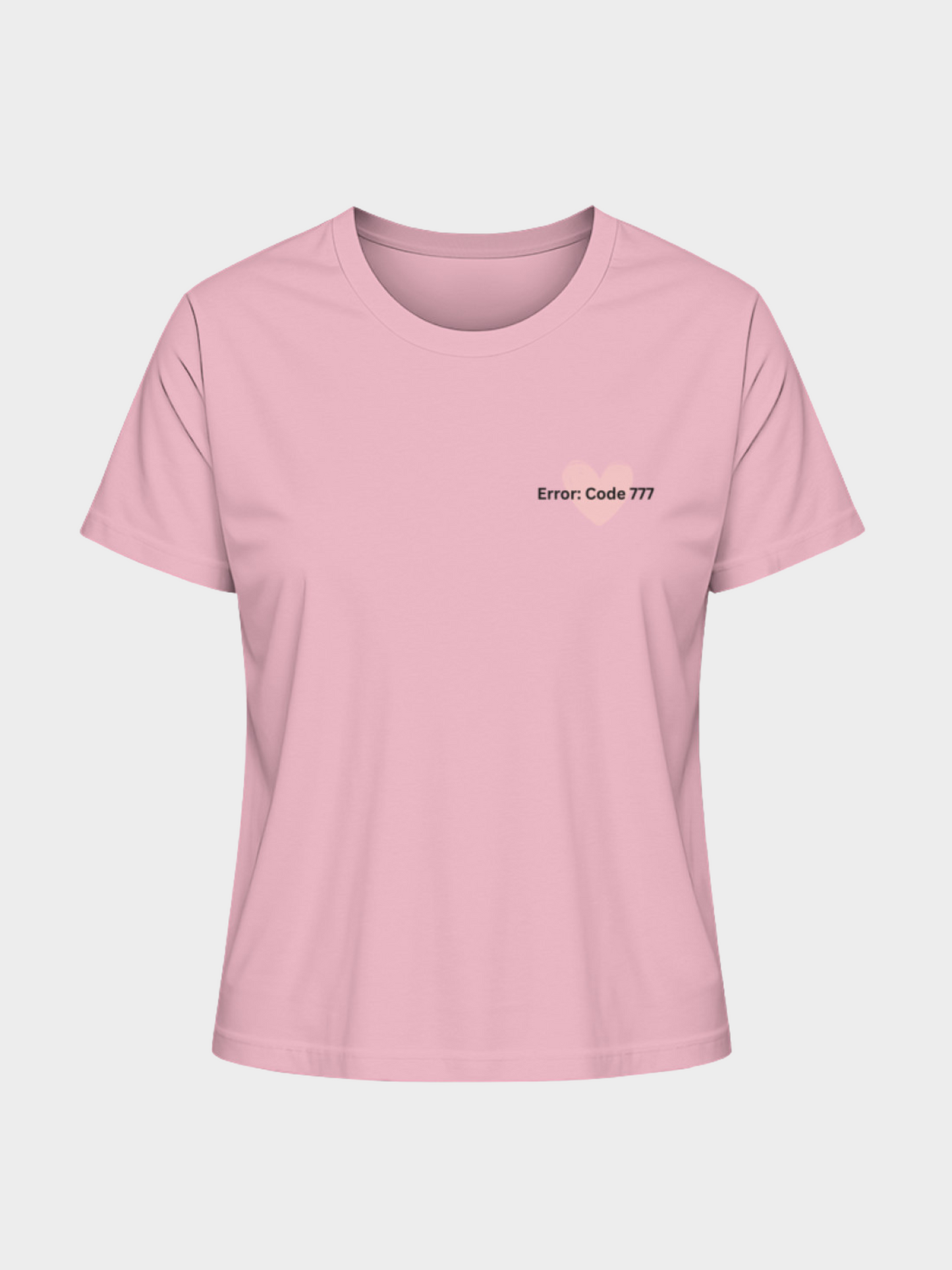 Vyfinity Edge of Time T-Shirt in Rosa, Vorderseite. Minimalistischer Frontprint mit kleinem rosa Herz und dem Schriftzug „Error: Code 777“. Streetwear Design für Damen.