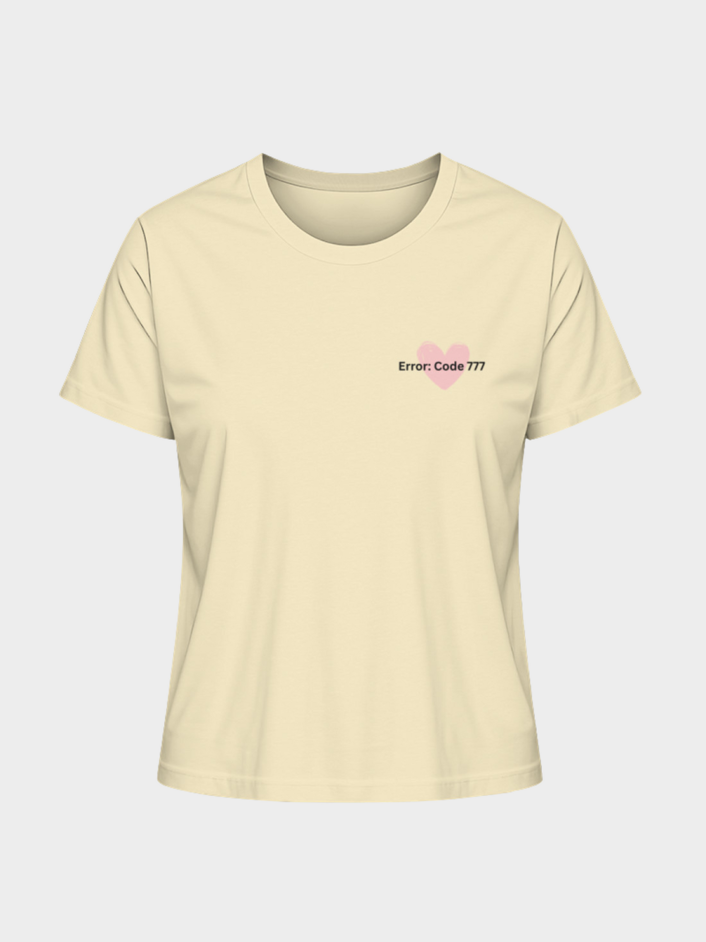Vyfinity Edge of Time T-Shirt in Beige, Vorderseite. Minimalistischer Brustprint mit rosa Herz und Schriftzug „Error: Code 777“. Moderner Oversize Streetwear Look.