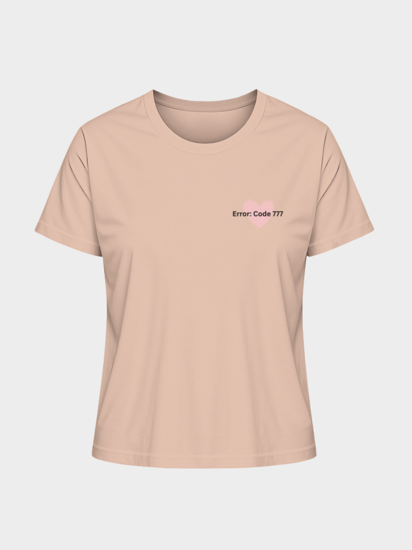 Vyfinity Edge of Time T-Shirt in Rosa, Vorderseite. Dezentes Brustmotiv mit Herzsymbol und Aufschrift „Error: Code 777“. Minimalistisches Streetwear-Design für Damen und Herren.