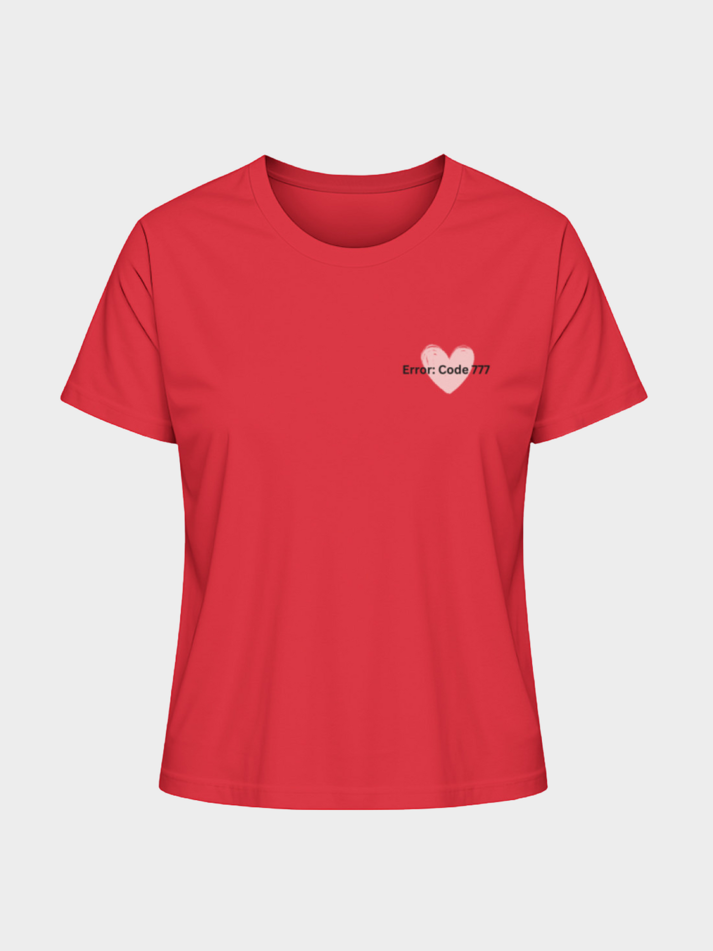 Vyfinity Edge of Time T-Shirt in Rot, Vorderseite. Stylisches Herz-Motiv mit Schriftzug „Error: Code 777“ auf der Brust. Streetwear Look für Damen im auffälligen Design.