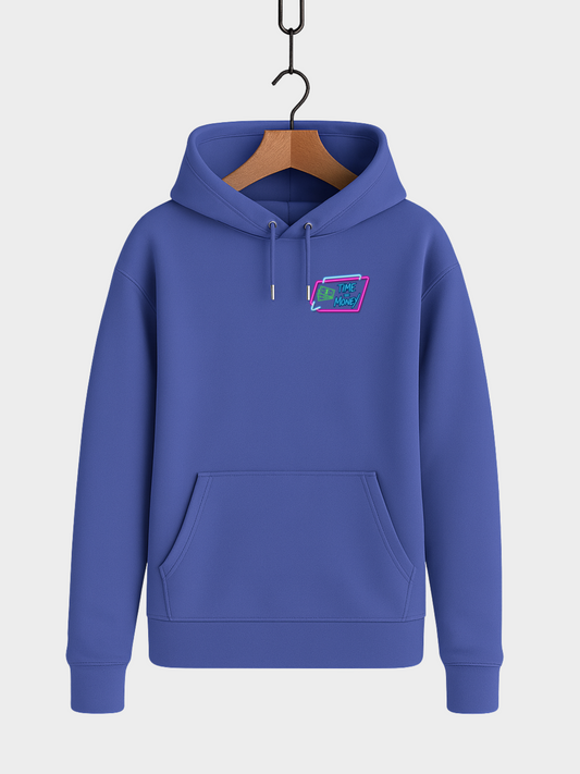 Vyfinity Einstein Hoodie Blau Vorderseite mit Time is Money Patch Neon Streetwear