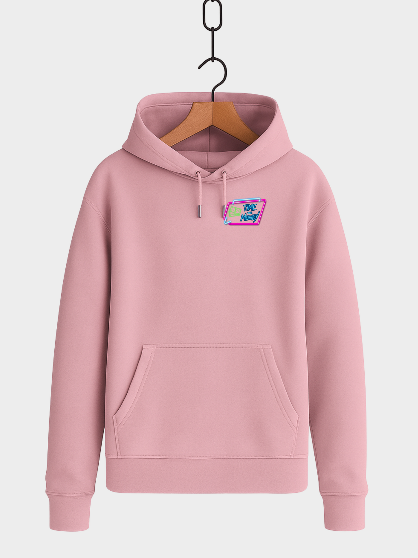 Vyfinity Einstein Hoodie Rosa Vorderseite mit Time is Money Patch Neon Streetwear