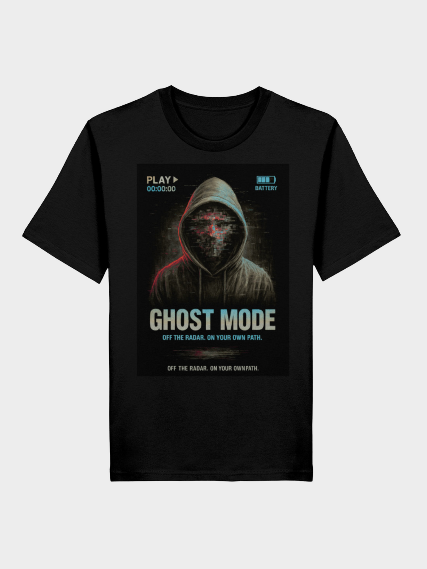 Vyfinity Ghost Mode T-Shirt in Schwarz mit futuristischem Hoodie-Glitch-Design. Statement-Print „Ghost Mode – Off the Radar. On Your Own Path.“ für Streetwear und Urban Fashion.