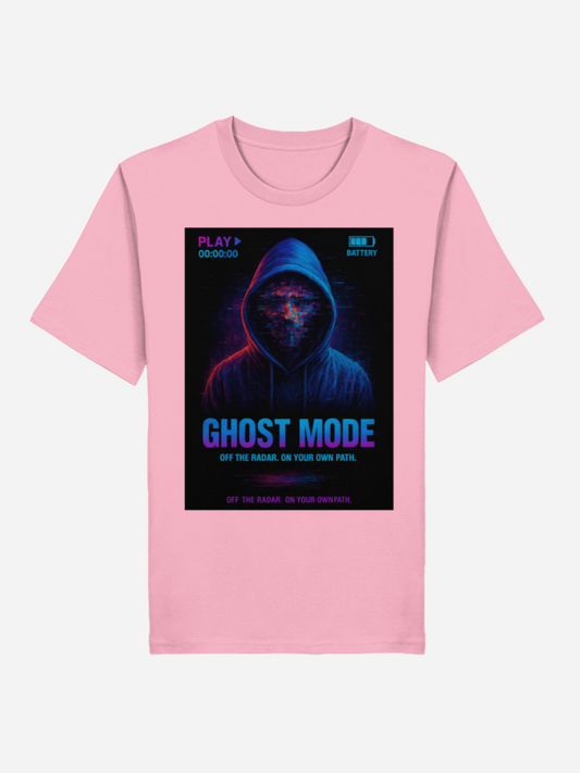 Vyfinity Ghost Mode T-Shirt in Rosa mit Neon-Hoodie Design, glitch-effect Gesicht und Slogan „Ghost Mode – Off the Radar. On Your Own Path.“.