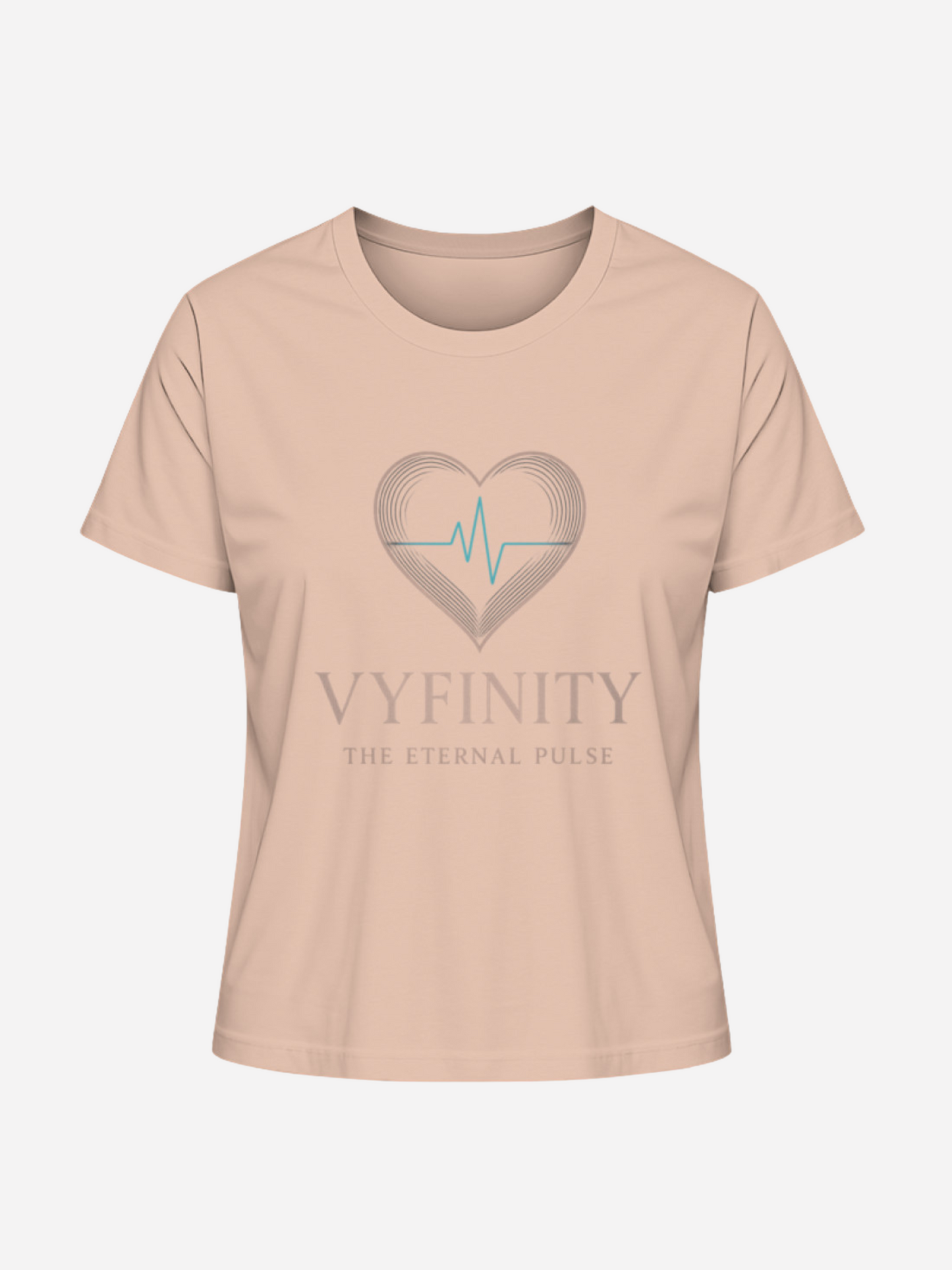 Vyfinity Damen T-Shirt in Fraiche Pêche mit Herz- und Puls-Logo – Aufschrift „The Eternal Pulse“