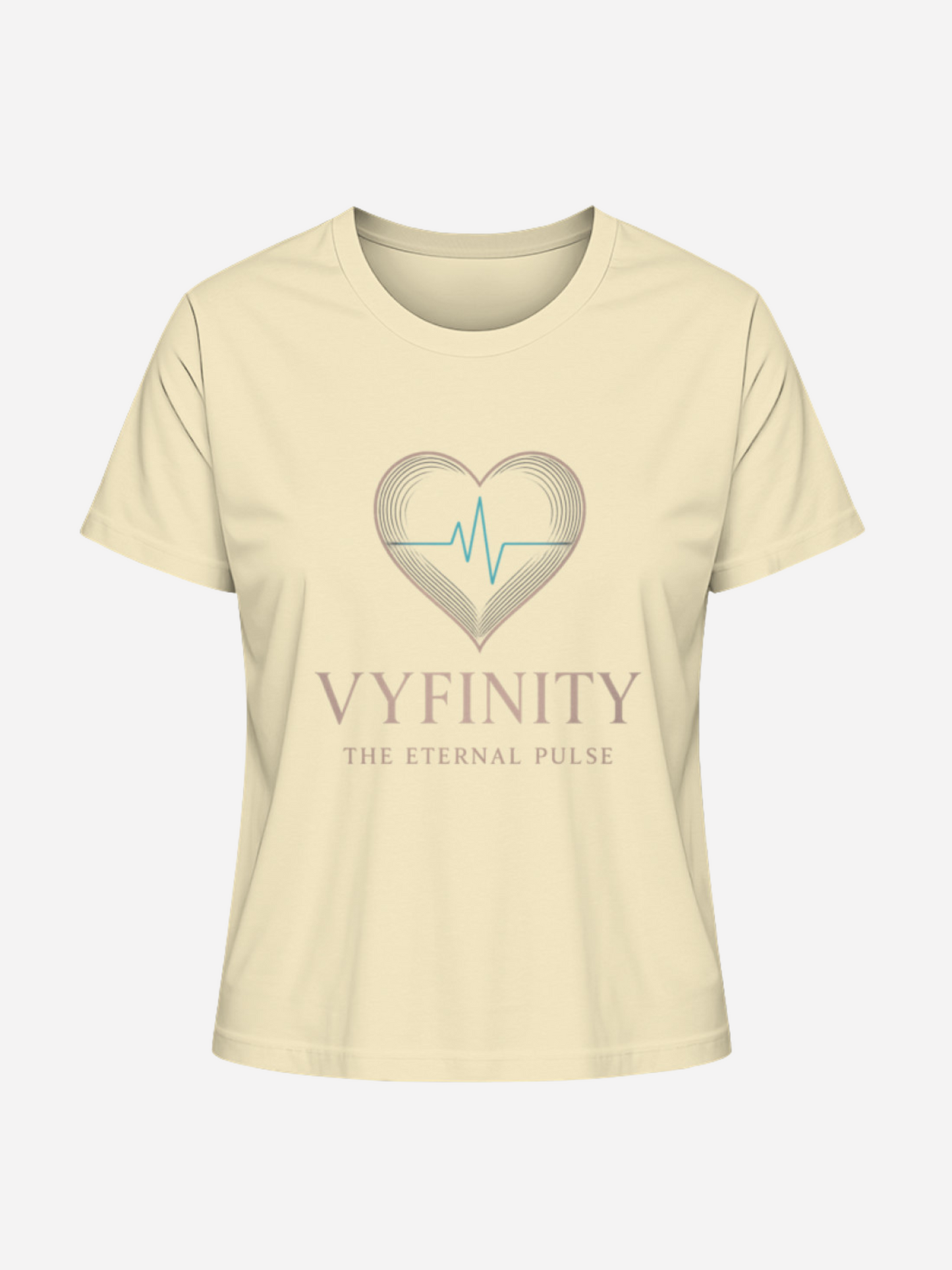 Vyfinity Damen T-Shirt in Natural Raw mit Herz- und Puls-Logo – Aufschrift „The Eternal Pulse“