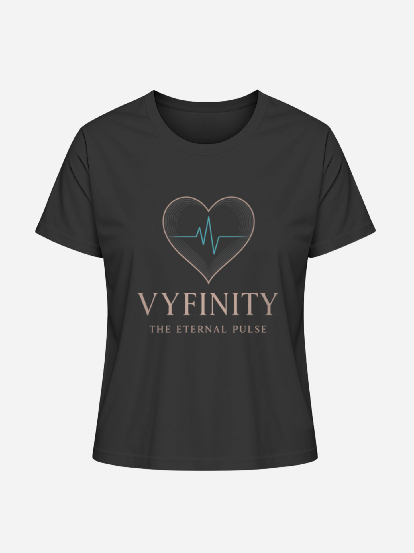 Vyfinity Damen T-Shirt in Schwarz mit Herz- und Puls-Logo – Aufschrift „The Eternal Pulse“