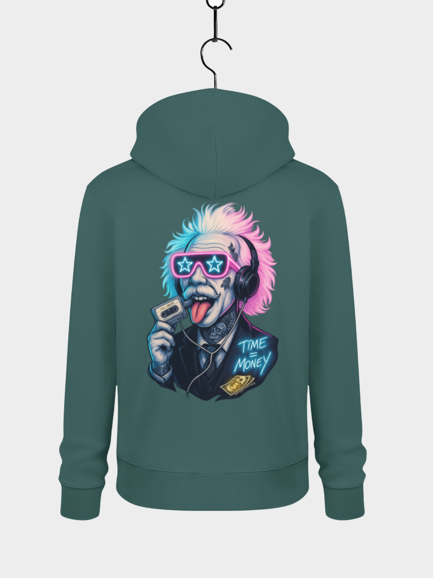 Vyfinity Hoodie grün Rückseite mit Einstein Motiv Neon Time is Money Streetwear