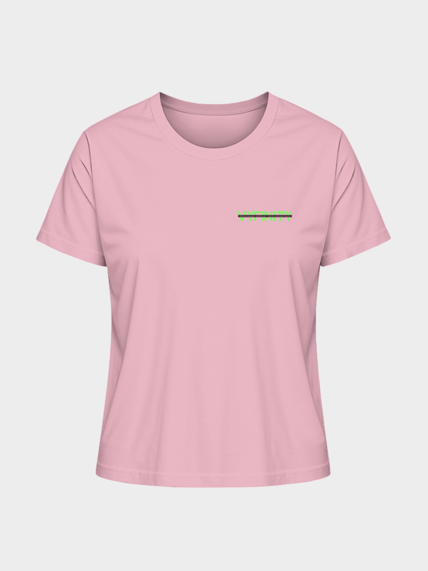 Vyfinity Logo T-Shirt in Rosa, Frontansicht. Auf der linken Brust ist das Vyfinity-Logo in Neon-Grün mit schwarzem Balken platziert. Minimalistisches Streetwear-Design im modernen Look.