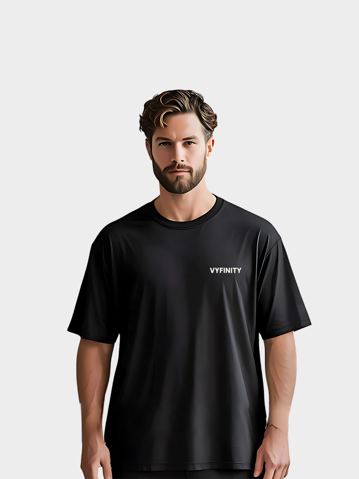 Schwarzes Oversize T-Shirt mit minimalistischem weißen Vyfinity Frontlogo auf der Brust. Moderner Streetwear-Look, schlicht und elegant – ideal für einen cleanen urbanen Style.