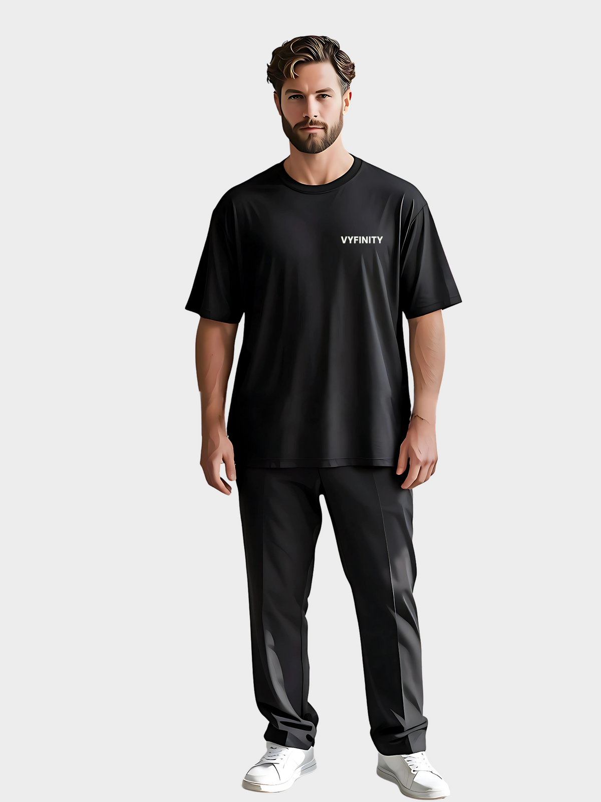Schwarzes Oversize T-Shirt mit minimalistischem Vyfinity Logo auf der linken Brust. Cleanes und modernes Design, perfekt für Streetwear-Looks, urban Style und Casual Outfits. Hochwertiger Stoff mit lockerer Passform für Komfort und Style.