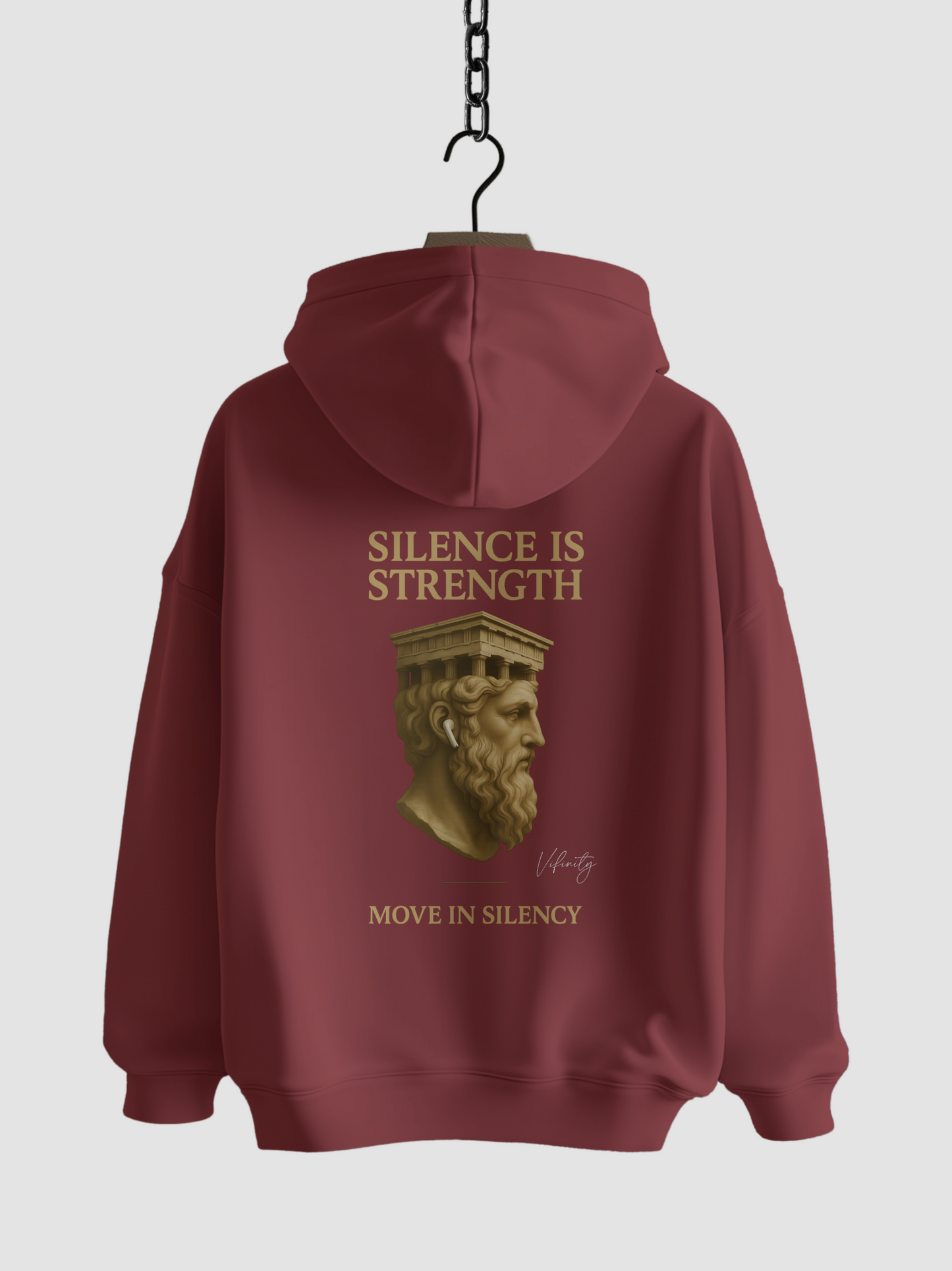 Vyfinity Move in Silency Hoodie in Red Earth – Rückseite mit goldener Statue und Claim Silence is Strength