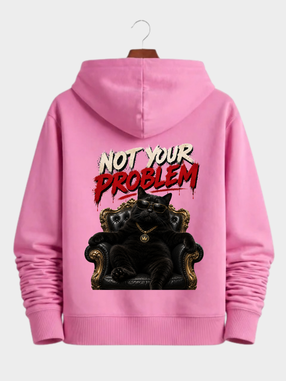 Pinker VYFINITY Not Your Problem Cruiser 2.0 Hoodie 350 GSM Rückseite mit großem Katzen-Backprint auf Holzkleiderbügel