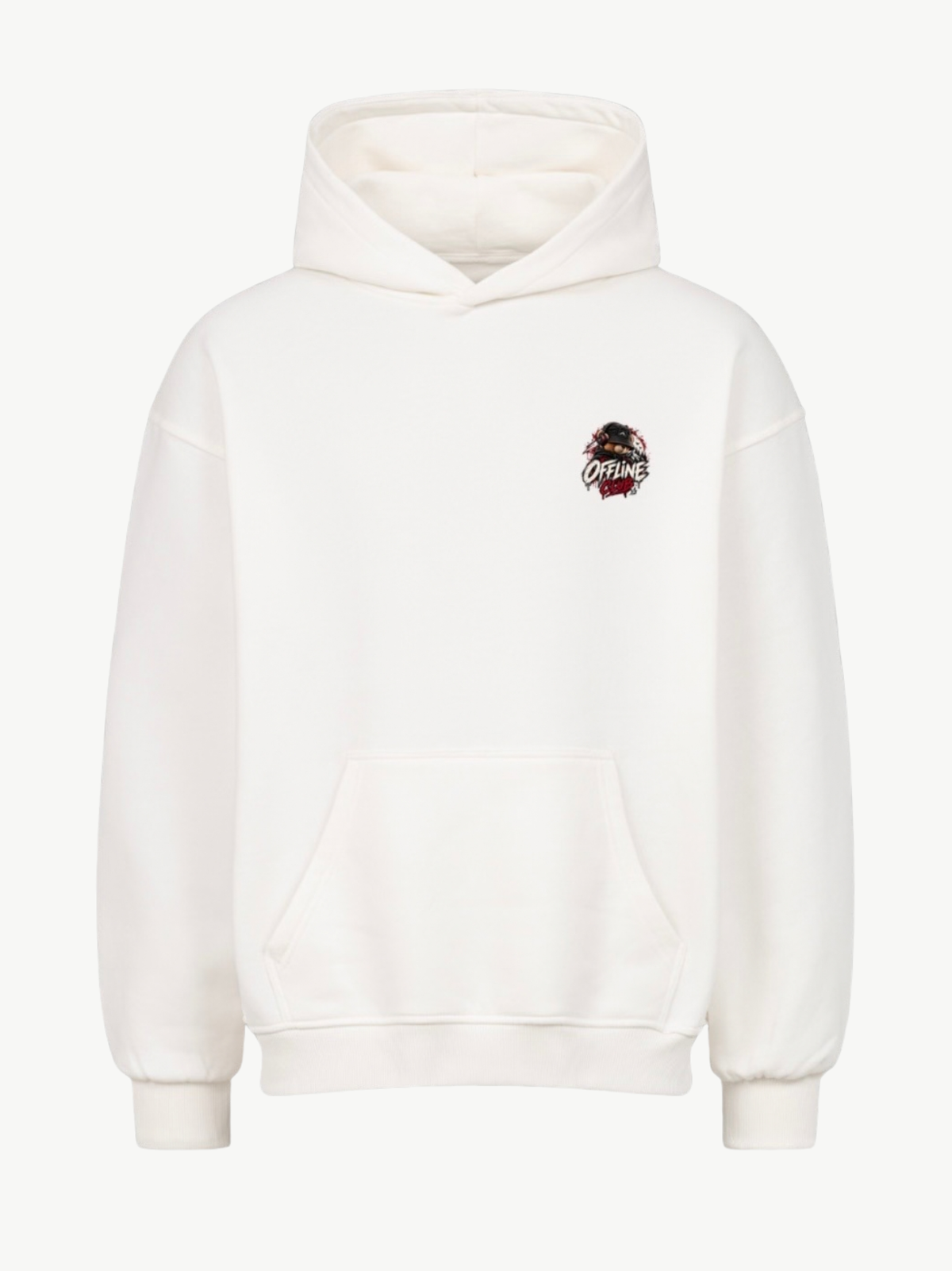 VYFINITY Offline Club Hoodie in Weiß – Vorderansicht mit kleinem Offline Club Brustprint