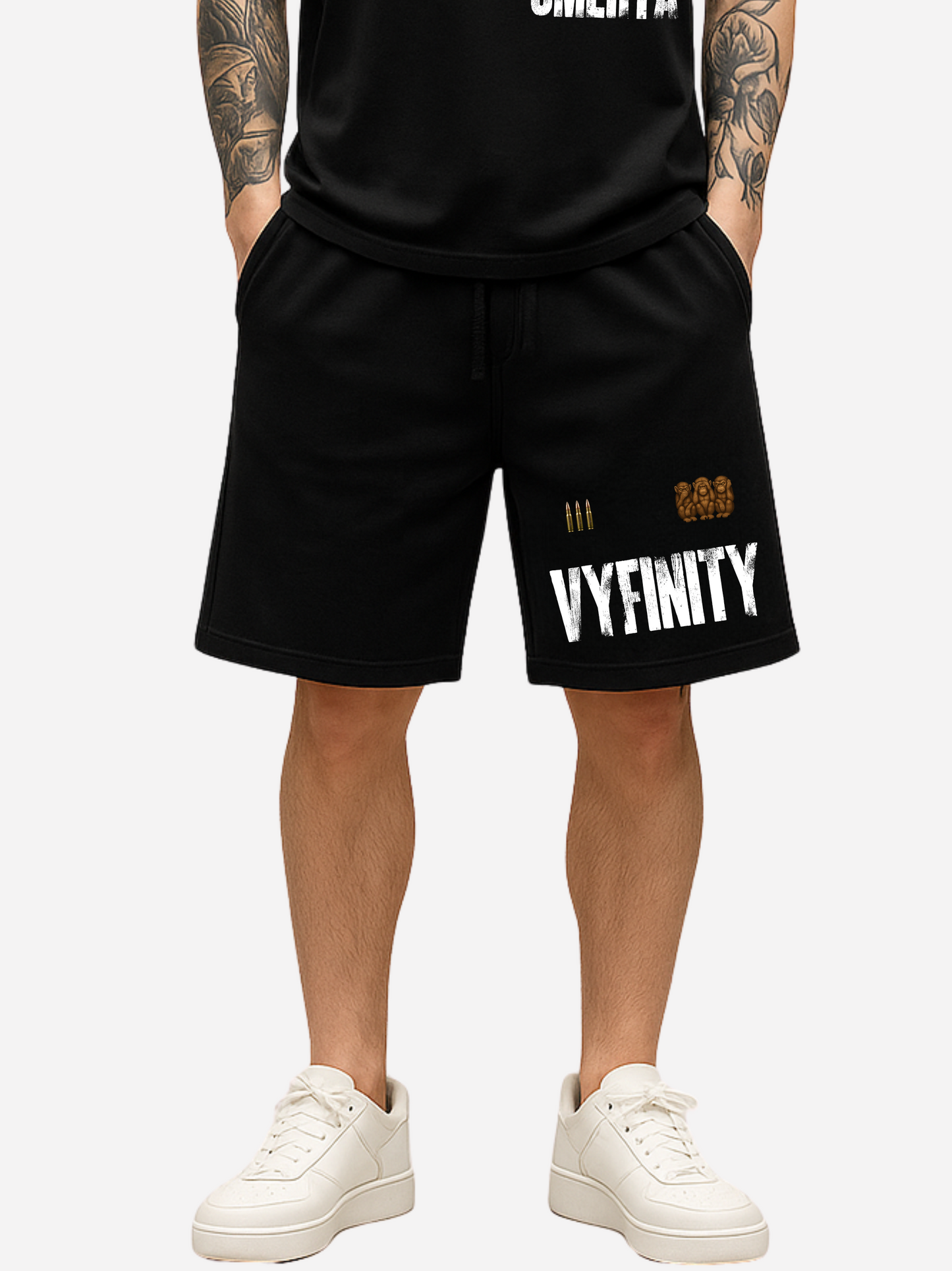 Vyfinity Omerta Shorts Detailansicht vorne – schwarzes Streetwear Herren Shorts mit Vyfinity Logo