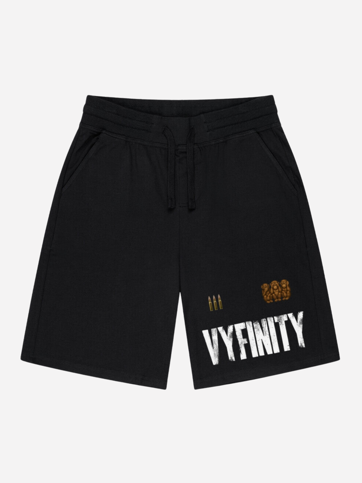 Vyfinity Omerta Shorts vorne – schwarze Herren Streetwear Shorts mit Vyfinity Logo und goldenen Details