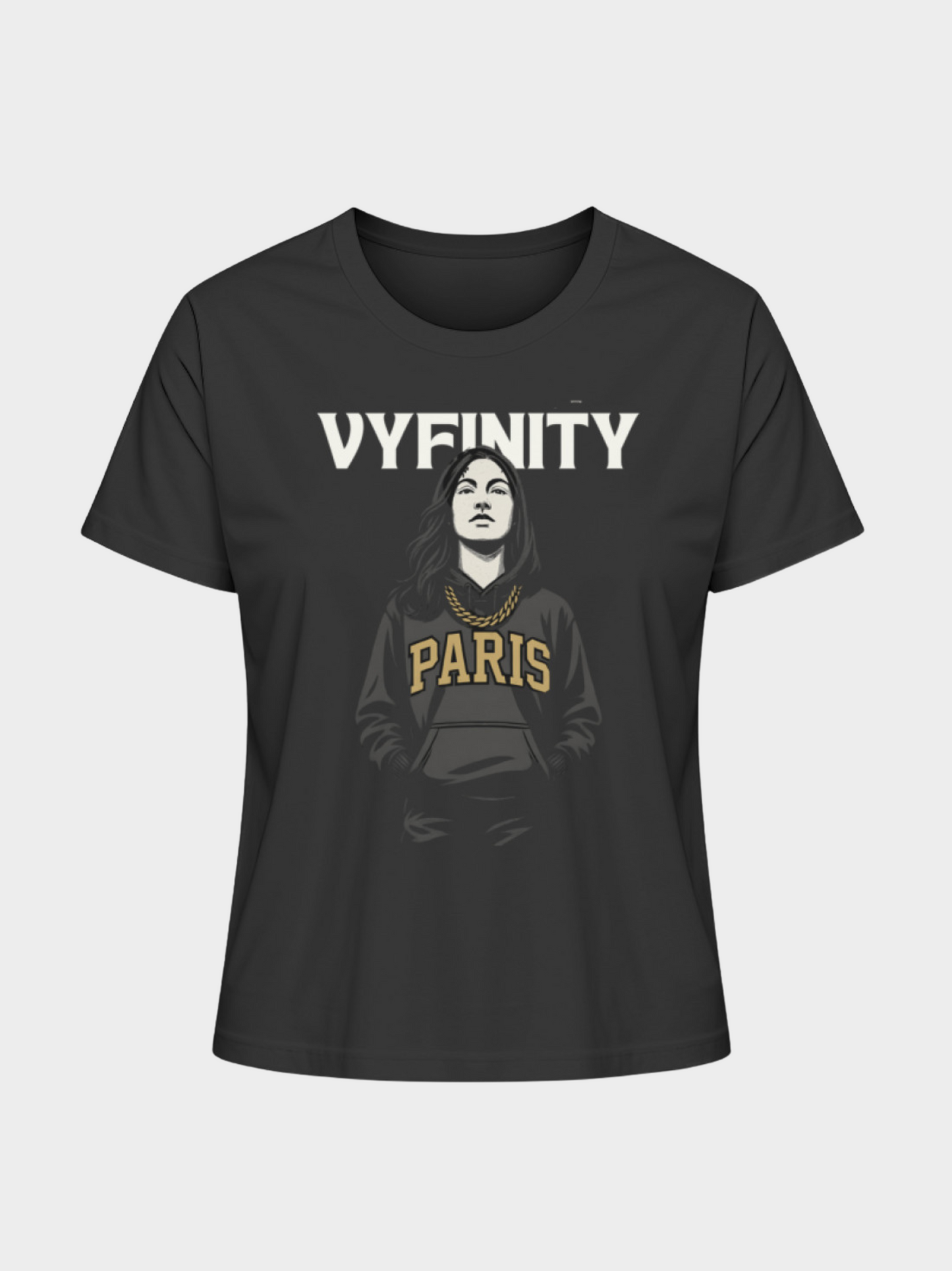 Vyfinity Paris T-Shirt in Schwarz, Flatlay Ansicht, mit goldener Paris-Schrift und Illustration einer Frau mit Hoodie und Kette.
