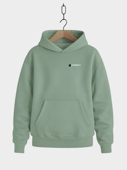 Vyfinity Planet Hoodie in Farbe Aloe mit kleinem Logo-Print auf der Brust, gemütlicher Kängurutasche und Kapuze – Unisex Streetwear im Oversized-Look für Alltag und Freizeit