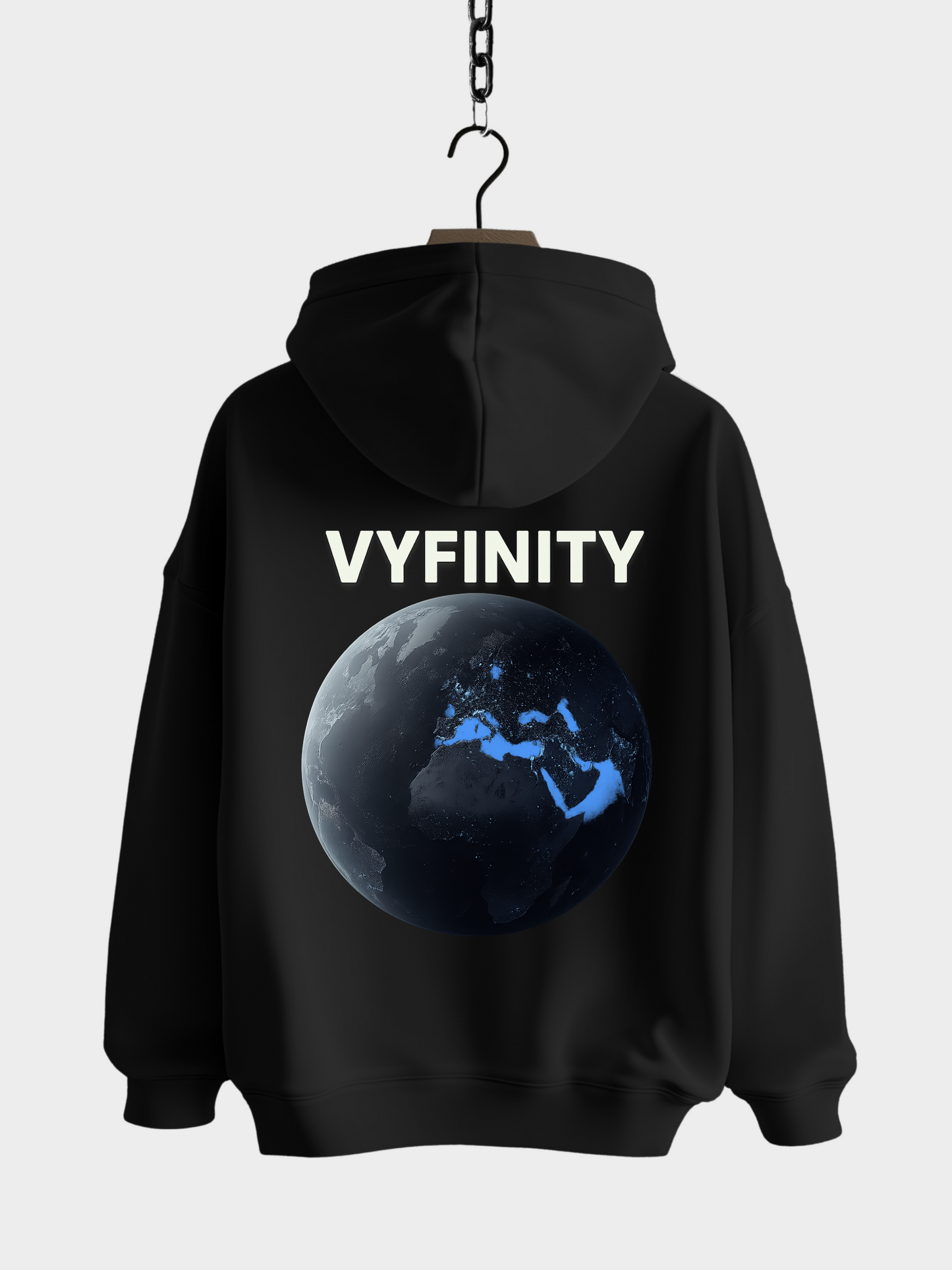 Vyfinity Planet Hoodie in Schwarz mit großem Erde-Motiv und leuchtenden Kontinenten auf dem Rücken, modernem Rückenprint und Streetwear-Design – Unisex Kapuzenpullover im Oversized-Look
