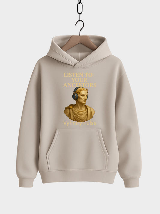 Vyfinity Pulse Hoodie Desert Dust – Listen to Your Ancestors Design mit goldener Statue und Kopfhörern Streetwear Kapuzenpullover