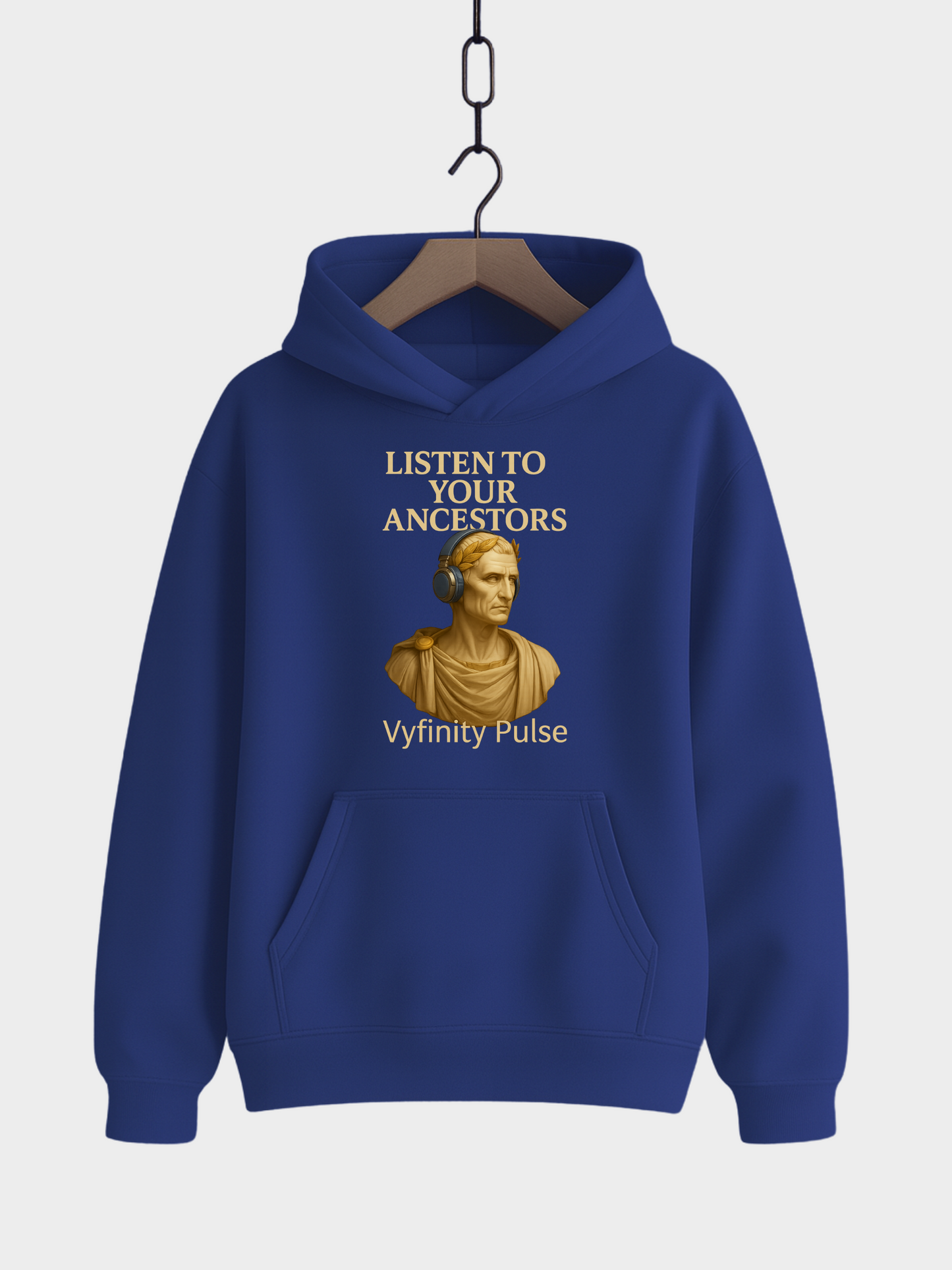 Vyfinity Pulse Hoodie Royal Blue – Listen to Your Ancestors Kapuzenpullover mit goldener Statue und Kopfhörern Streetwear Unisex
