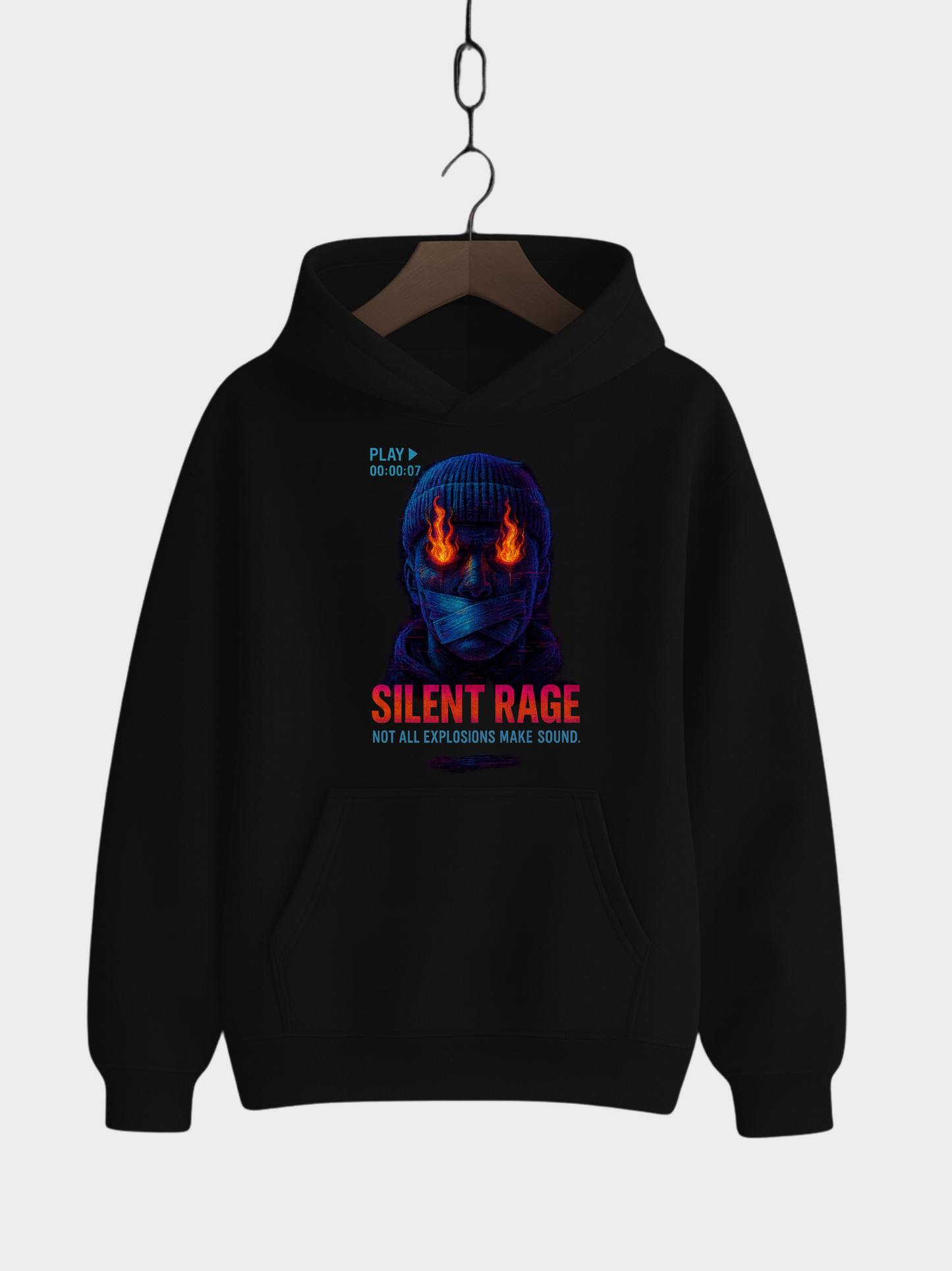 Vyfinity Pulse Hoodie Silent Rage in Schwarz mit feurigem Masken-Gesicht und Schriftzug Silent Rage Frontansicht