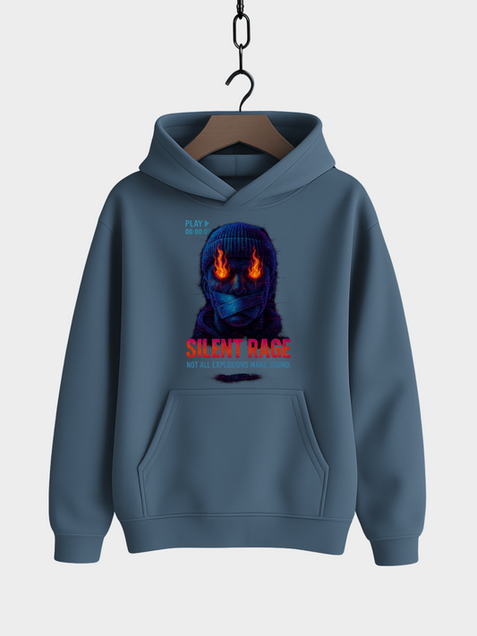 Vyfinity Pulse Hoodie Silent Rage in Stargazer Blau mit feurigem Masken-Gesicht und Schriftzug Silent Rage Frontansicht