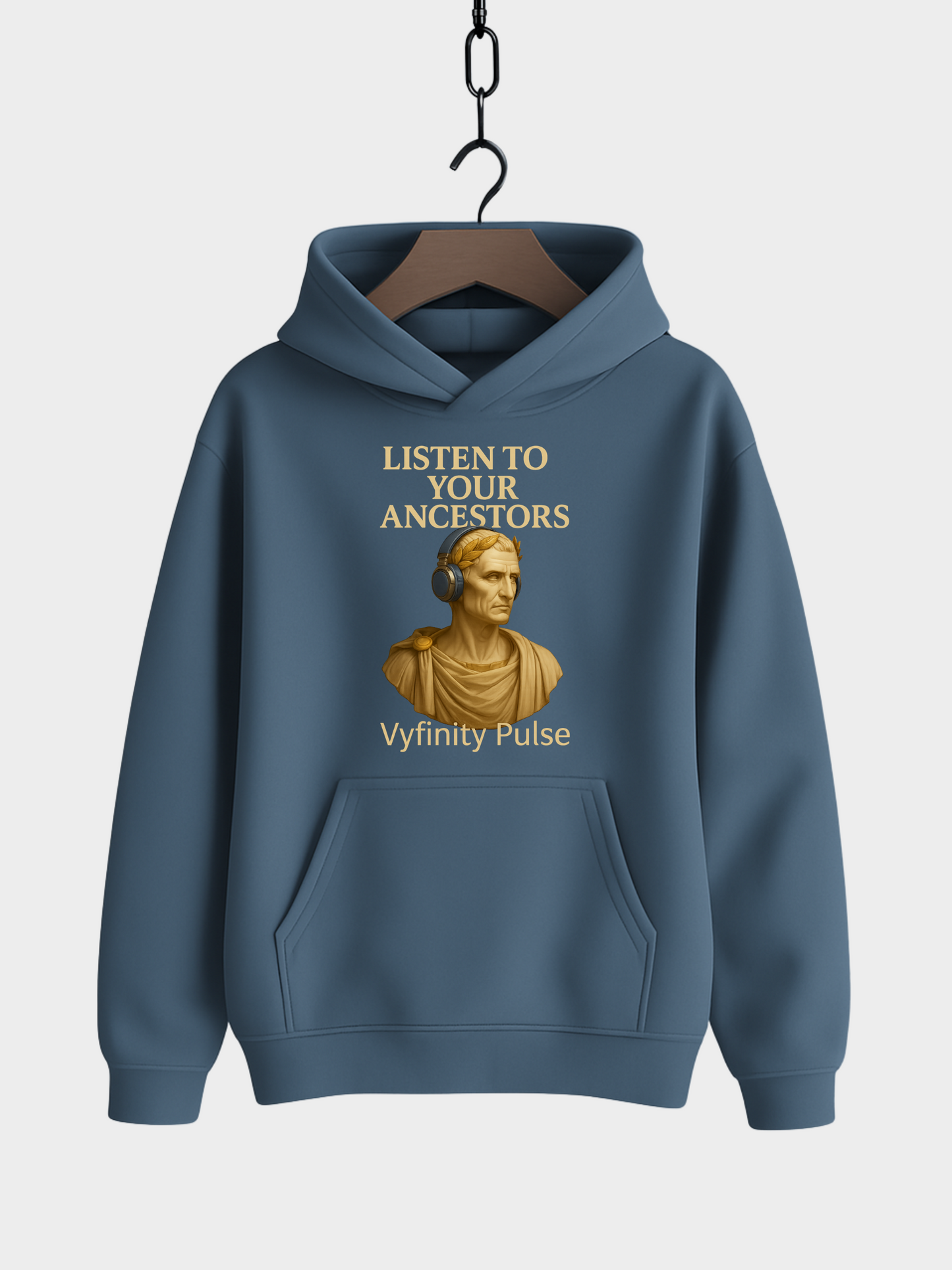Vyfinity Pulse Hoodie Stargazer Blau – Listen to Your Ancestors Design mit goldener Statue und Kopfhörern Streetwear Kapuzenpullover