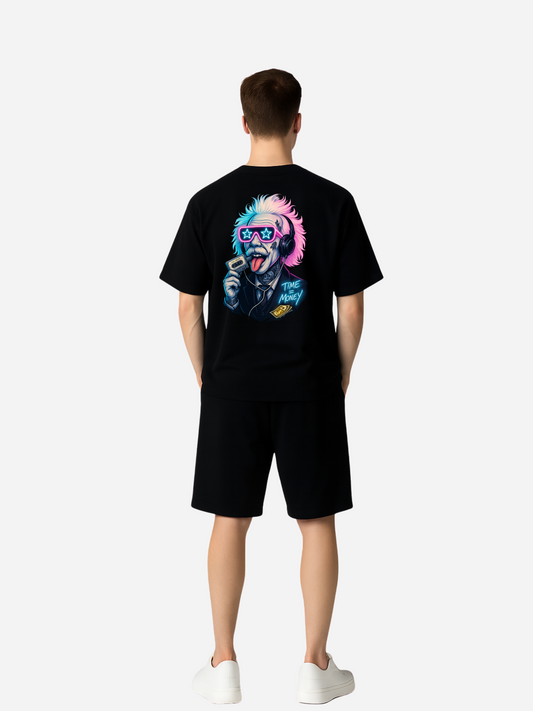 Vyfinity Pulse Outfit Einstein Design Rückseite Schwarz T-Shirt und Shorts Streetwear Herren