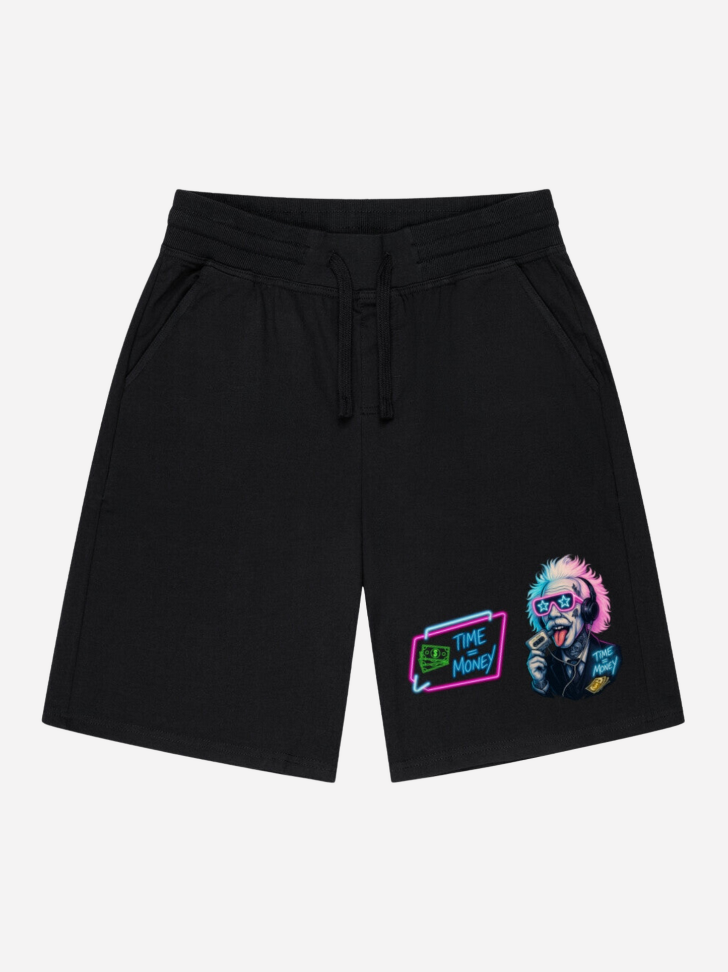 Vyfinity Pulse Shorts Schwarz Herren Flatlay mit Einstein Neon Design Streetwear