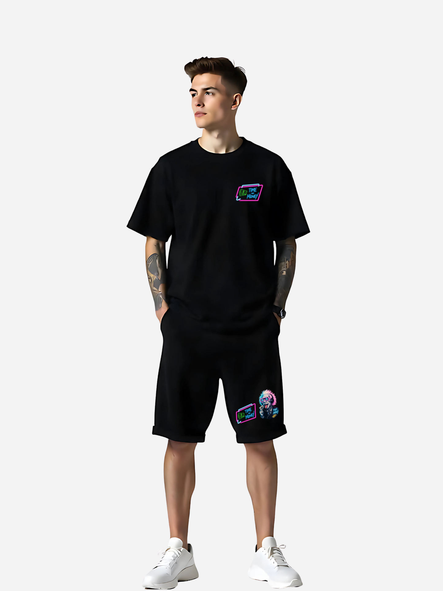 Vyfinity Pulse Shorts Schwarz mit Einstein Neon-Art-Print, Streetwear Look, Frontansicht am Model