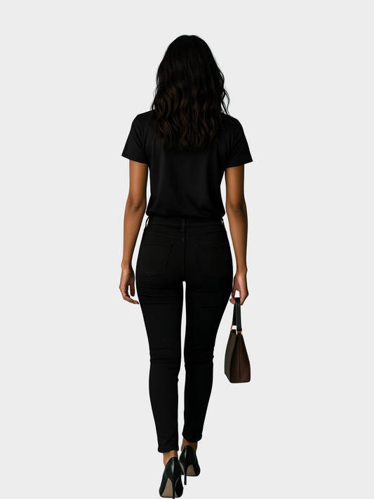 Vyfinity Pulse T-Shirt in Schwarz, Rückansicht. Schlichtes Design ohne Aufdruck auf der Rückseite, moderner Schnitt, kombiniert mit schwarzer Jeans und Handtasche.