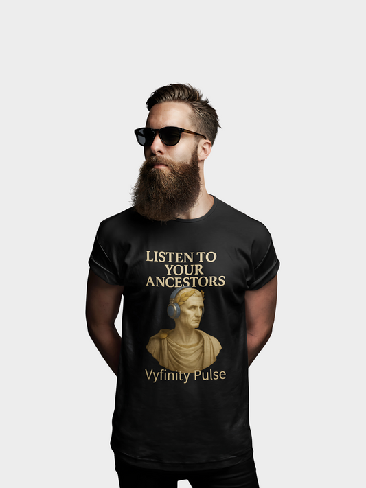 Vyfinity Pulse T-Shirt in Schwarz, Seitenansicht, mit goldener Statue und Aufschrift „Listen to Your Ancestors“ im antiken Stil