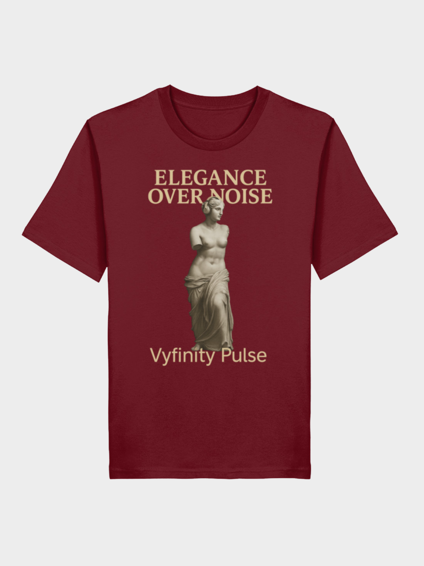 Vyfinity Pulse T-Shirt Elegance Over Noise in Burgunderrot mit goldener Statue und Schriftzug