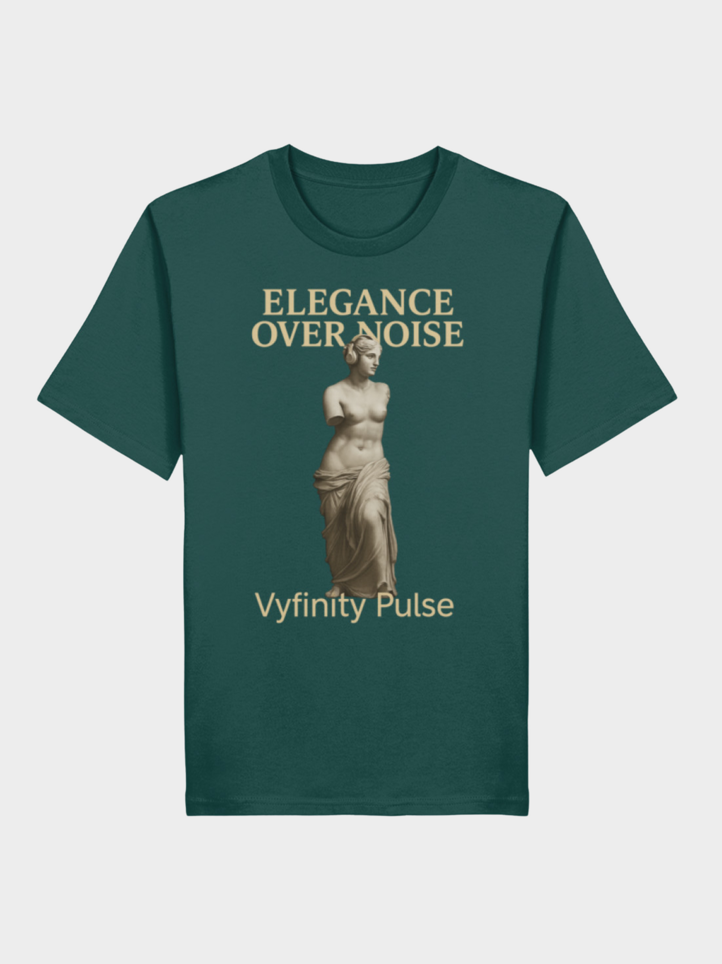 Vyfinity Pulse T-Shirt Elegance Over Noise in Dunkelgrün mit goldener Statue und Schriftzug