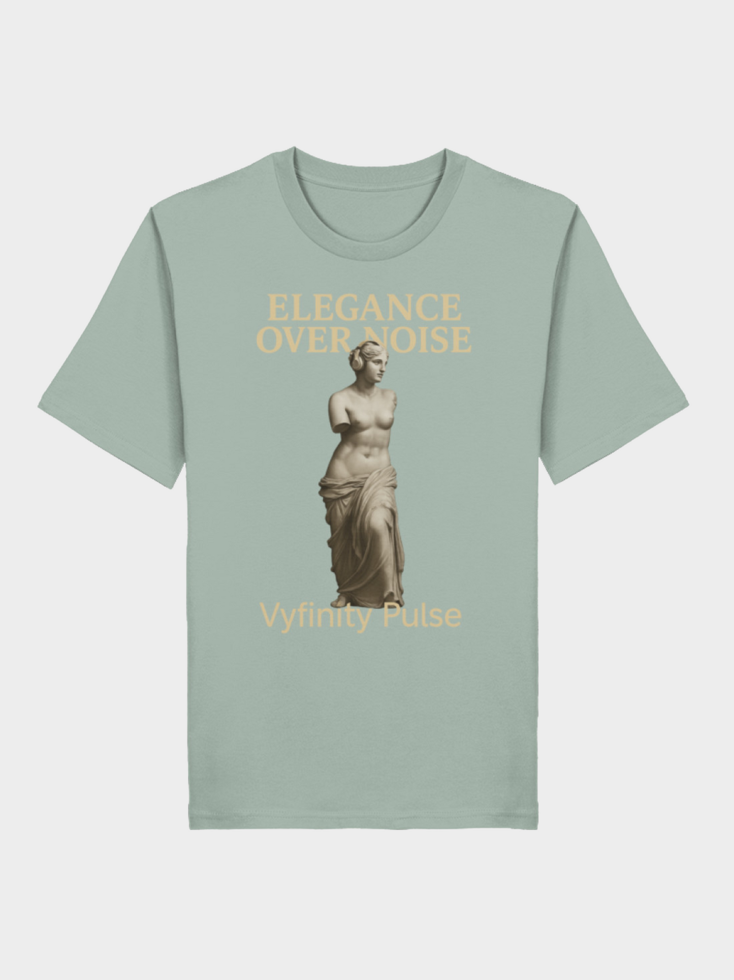 Vyfinity Pulse T-Shirt Elegance Over Noise in Mintgrün mit goldener Statue und Schriftzug