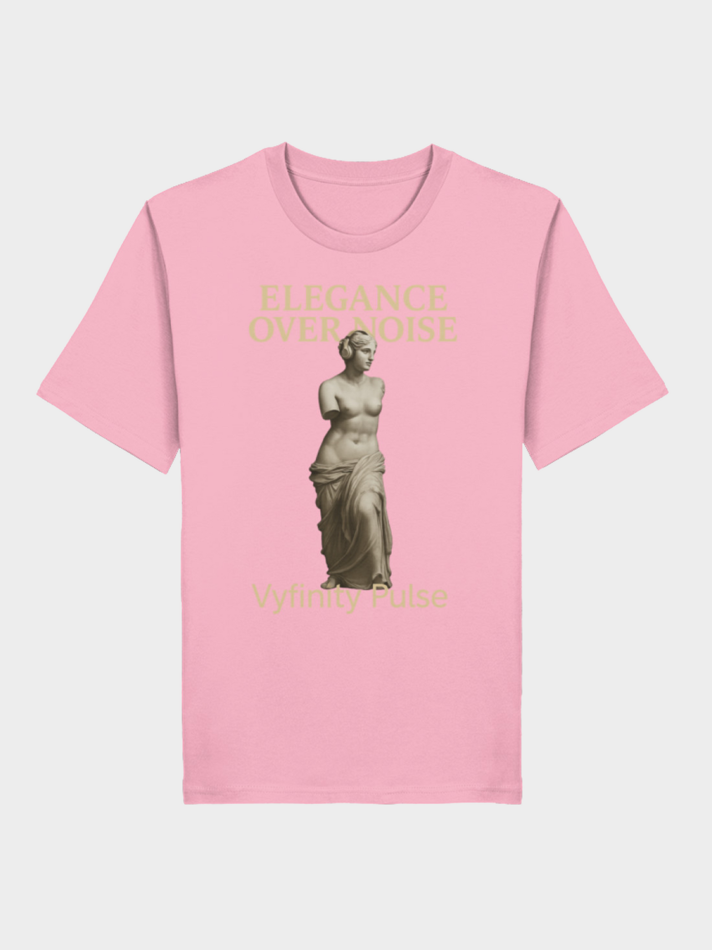 Vyfinity Pulse T-Shirt Elegance Over Noise in Rosa mit goldener Statue und Schriftzug