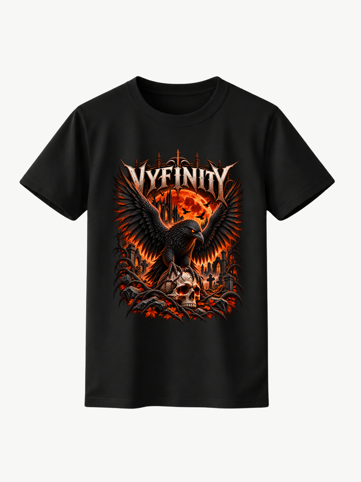 Schwarzes VYFINITY Halloween T-Shirt in Frontansicht mit großem Gothic-Raben, orangefarbenem Vollmond, Totenschädel und düsterer Friedhofsszene.