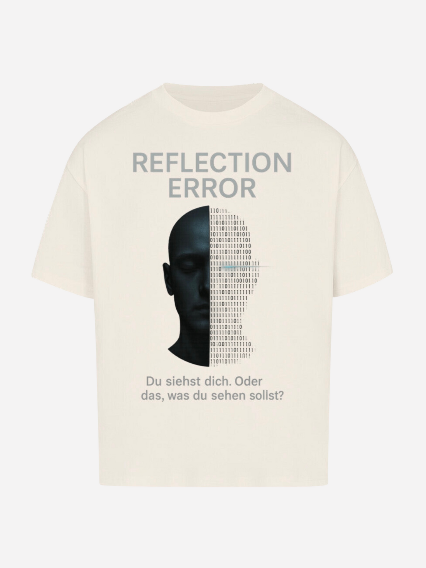 Vyfinity Oversize T-Shirt in Beige mit futuristischem Aufdruck „Reflection Error“. Halbiertes Gesicht mit Binärcode und Text „Du siehst dich. Oder das, was du sehen sollst?“. Modernes Urban Streetwear Graphic Shirt.