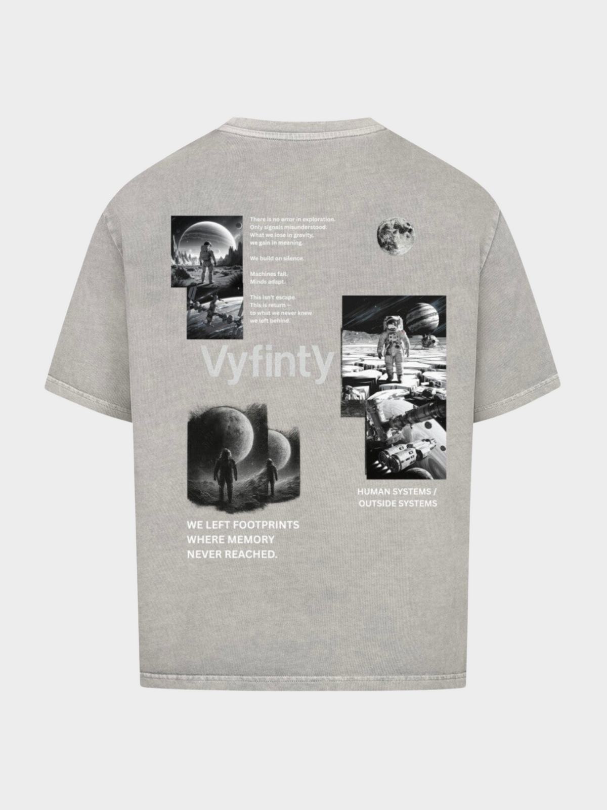 Graues Stone-Washed Oversize T-Shirt mit auffälligem Space Backprint von Vyfinity. Astronauten, Planeten und Weltraum-Motive kombiniert mit futuristischen Text-Elementen. Hochwertige Baumwolle, urbanes Streetwear Design, perfekt für moderne Looks.