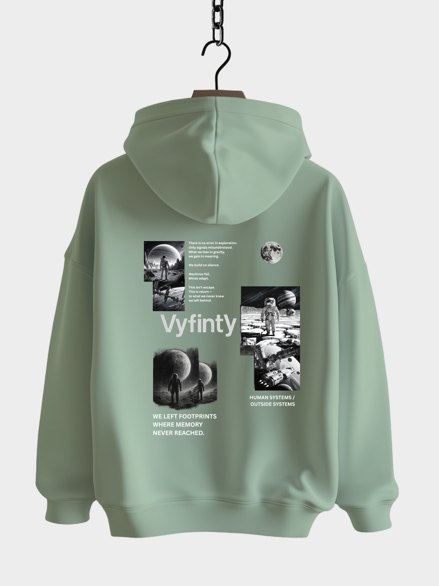 Vyfinity Space Hoodie in Farbe Aloe mit großem Weltraum- und Astronautenmotiv auf dem Rücken, modernem Backprint und futuristischem Design – Unisex Streetwear im Oversized-Look