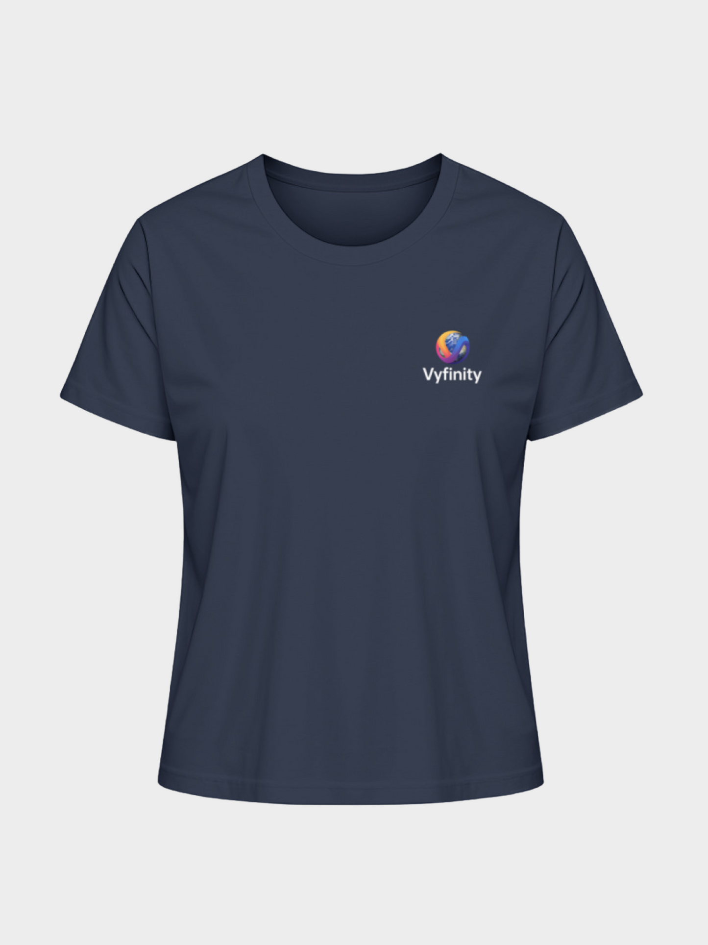 Damen-T-Shirt in elegantem French Navy Blau mit dezentem Vyfinity-Logo auf der linken Brust – zeitlos, vielseitig und perfekt für sportlich-elegante Outfits.