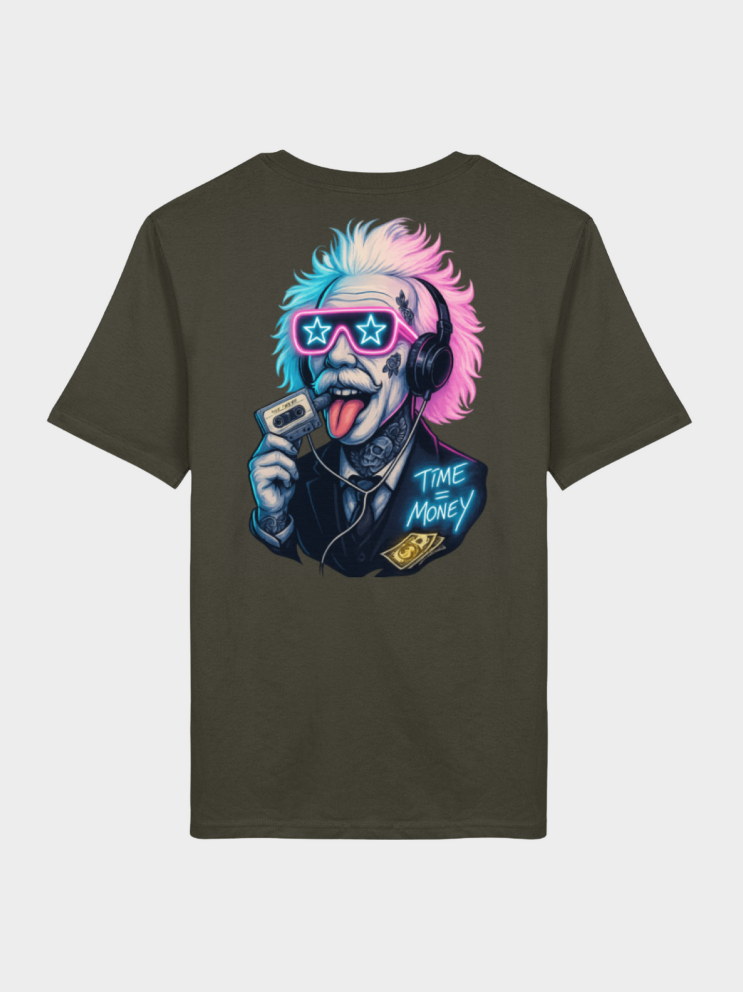 Vyfinity T-Shirt Kaki mit Time is Money Brust-Print im Neon Style – Streetwear Shirt Unisex