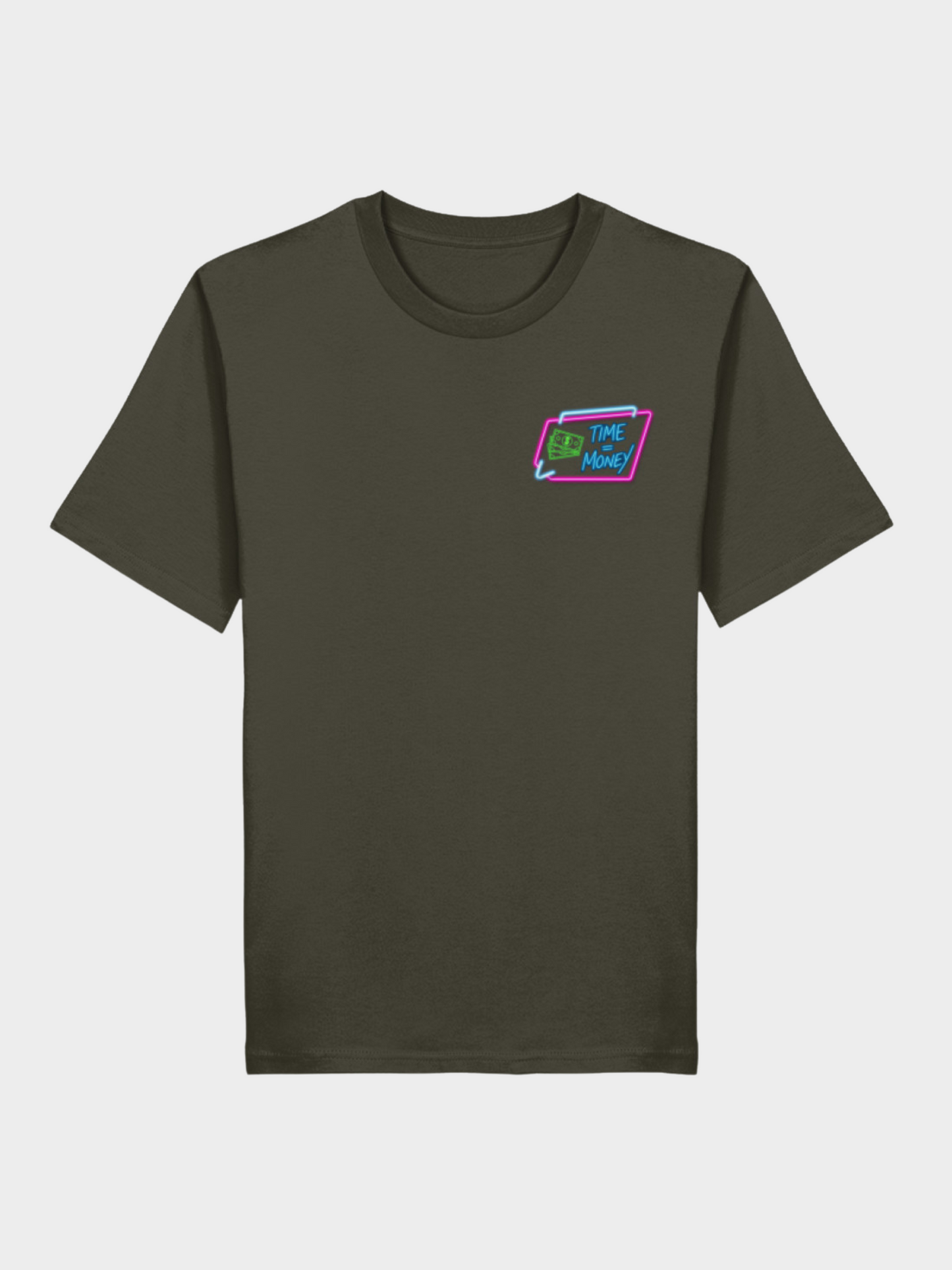 Vyfinity T-Shirt Kaki mit Time is Money Brust-Print im Neon Style – Streetwear Shirt Unisex